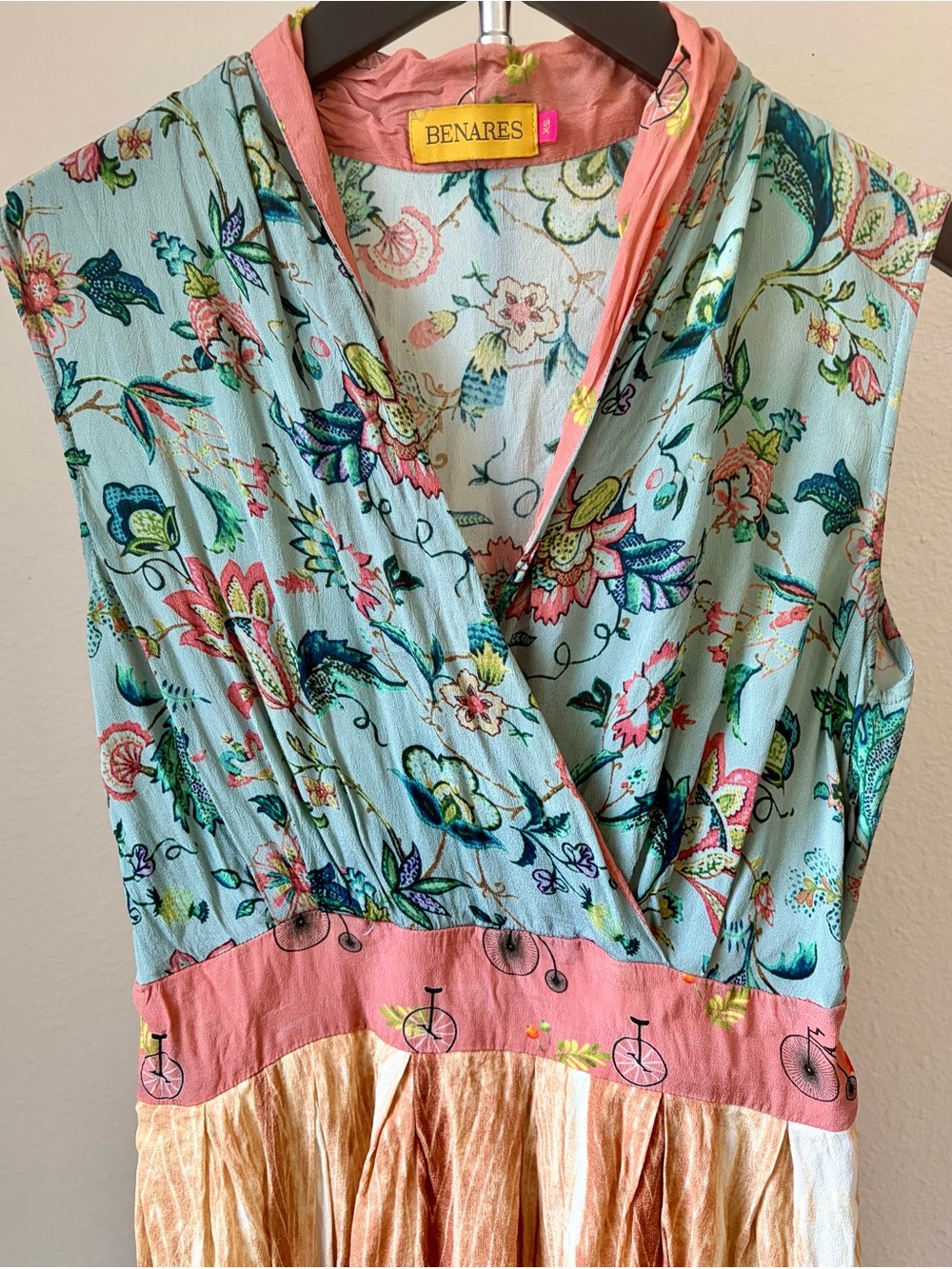 Benares Light Blue Floral Midi Dress with Pink Trim